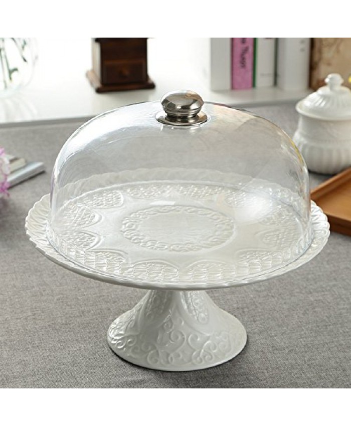 Jusalpha White Porcelain Decorative Cake Stand-Cupcake Stand (Plastic dome) 