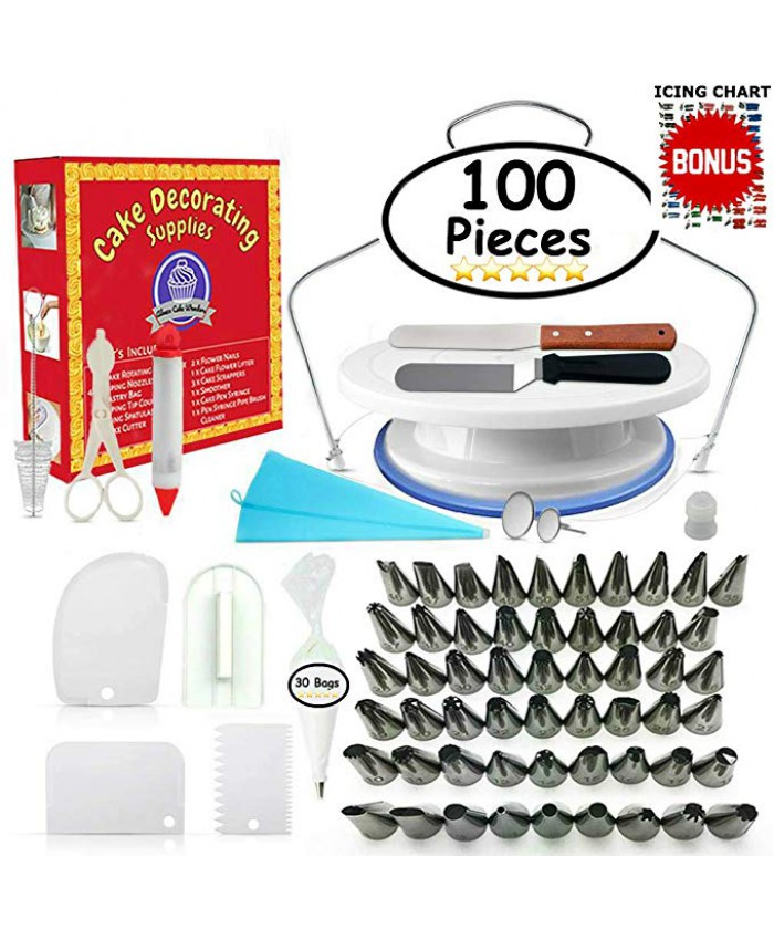 Cake Decorating Supplies - (100 PCS SPECIAL CAKE DECORATING KIT) With 55 PCS Numbered Icing Tips, Cake Rotating Turntable and More Accessories! Create AMAZING Cakes With This Complete Cake Set