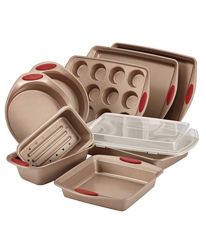 Rachael Ray Cucina Nonstick Bakeware 10-Piece Set, Latte Brown with Cranberry Red Handle Grips