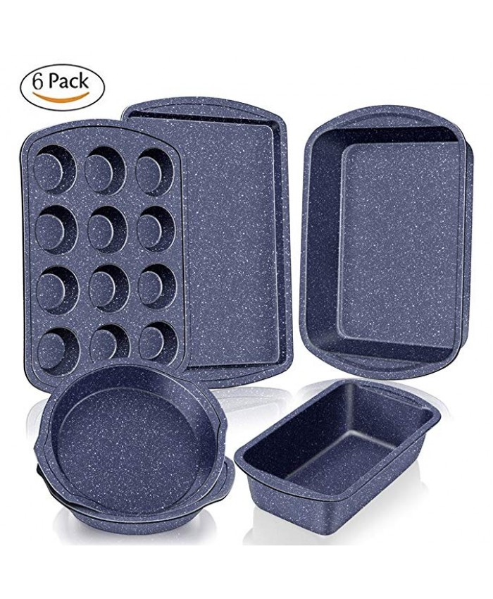 Roll over image to zoom in Baking Pan Nonstick Bakeware Set 6-Piece, Baking Sheet No Stick Carbon Steel Cookie Sheet, Muffin Roasting Loaf Pan and Pizza Bread Pans Cookware Set