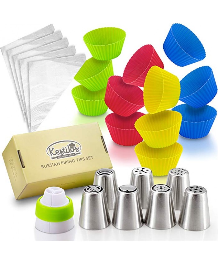 SALE! Russian Piping Tips Set By Kestilos – 7 Cake & Cupcake Decorating Icing Nozzles, A 3 Color Coupler, 5 Disposable Pastry Bags & 12 Silicon Cupcakes Molds