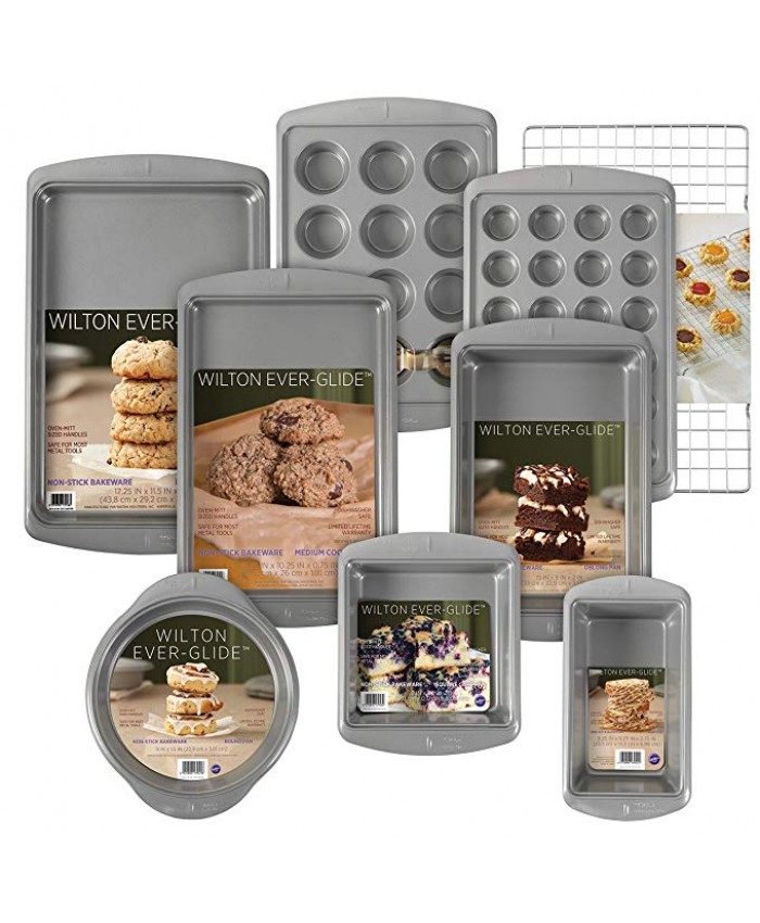 Wilton Ever-Glide Non-Stick Bakeware Set, 9-Piece - Loaf Pan, Oblong pan, 12-Cup Muffin Pan, Round and Square Cake Pans, Large Cookie Pan, Medium Cookie Pan, 24-Cup Mini Muffin Pan, Cooling Grid