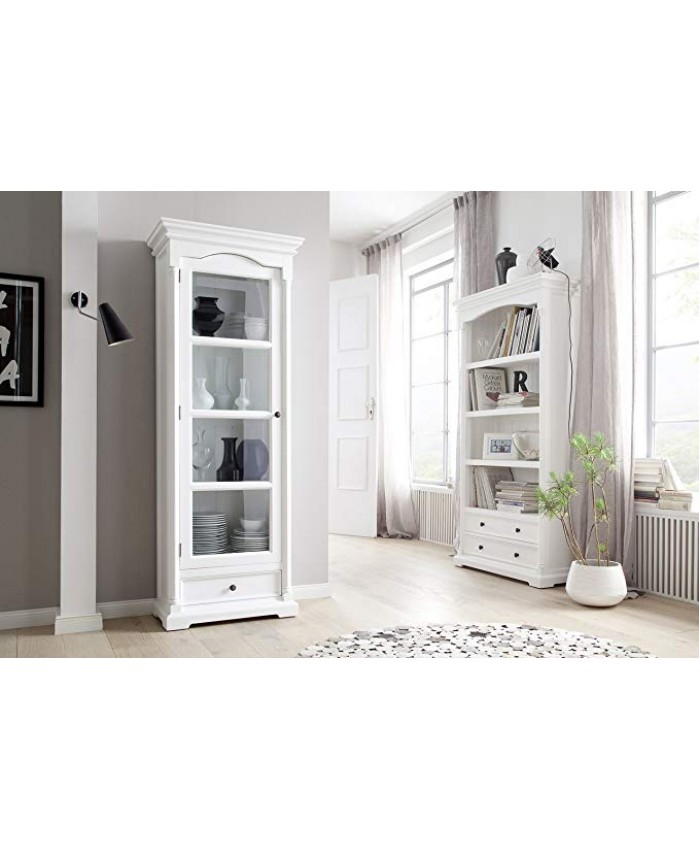 NovaSolo Provence Pure White Mahogany Wood Cabinet With Glass Door, 4 Shelves And Drawer